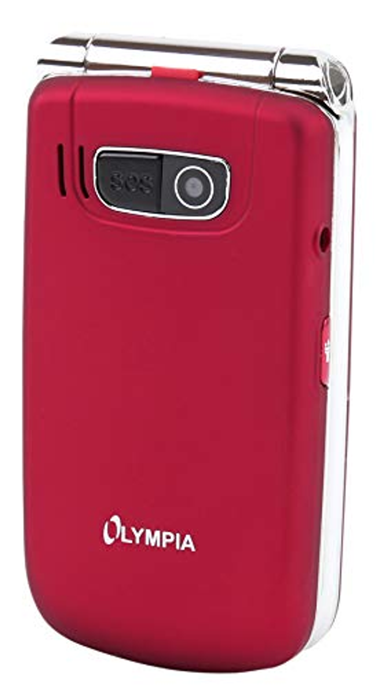 Telefono a conchiglia rosso, chiuso. Ha una fotocamera e un pulsante SOS. Rifiniture argento.