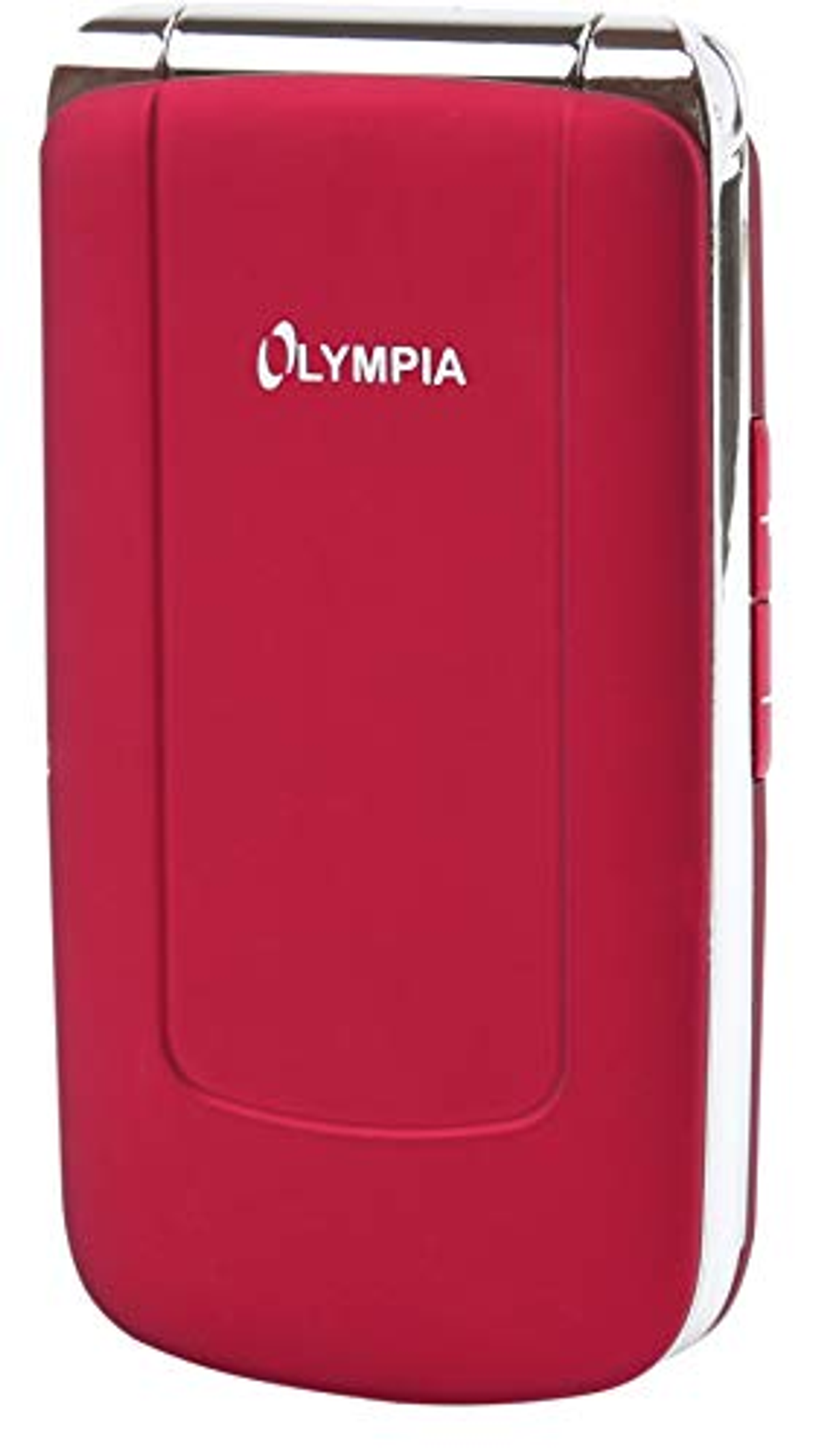 Telefono a conchiglia rosso, chiuso. Rifiniture argento e logo Olympia.