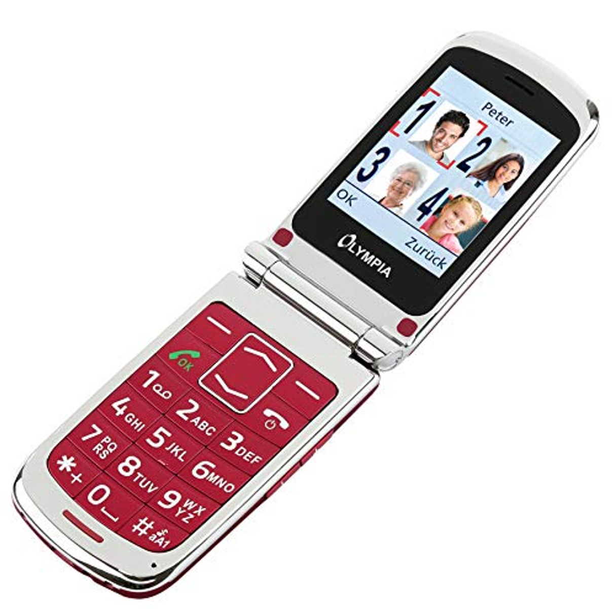 Telefono a conchiglia rosso e argento, aperto. Mostra uno schermo con foto di persone.