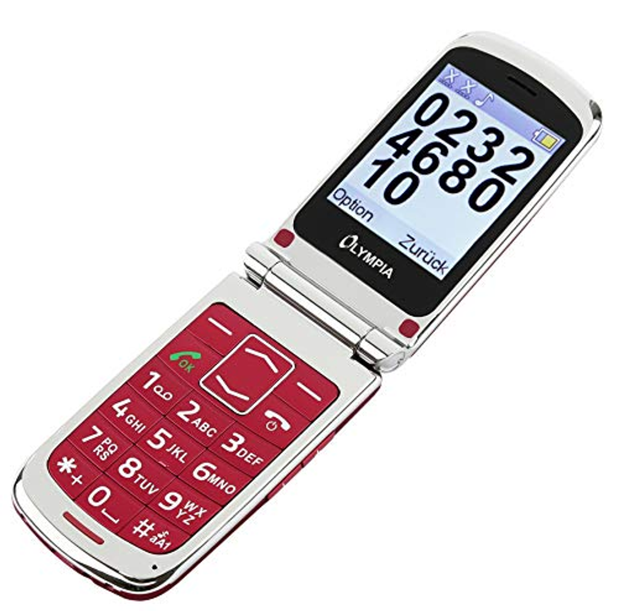 Telefono a conchiglia rosso e argento, aperto. Mostra numeri e testo sullo schermo.
