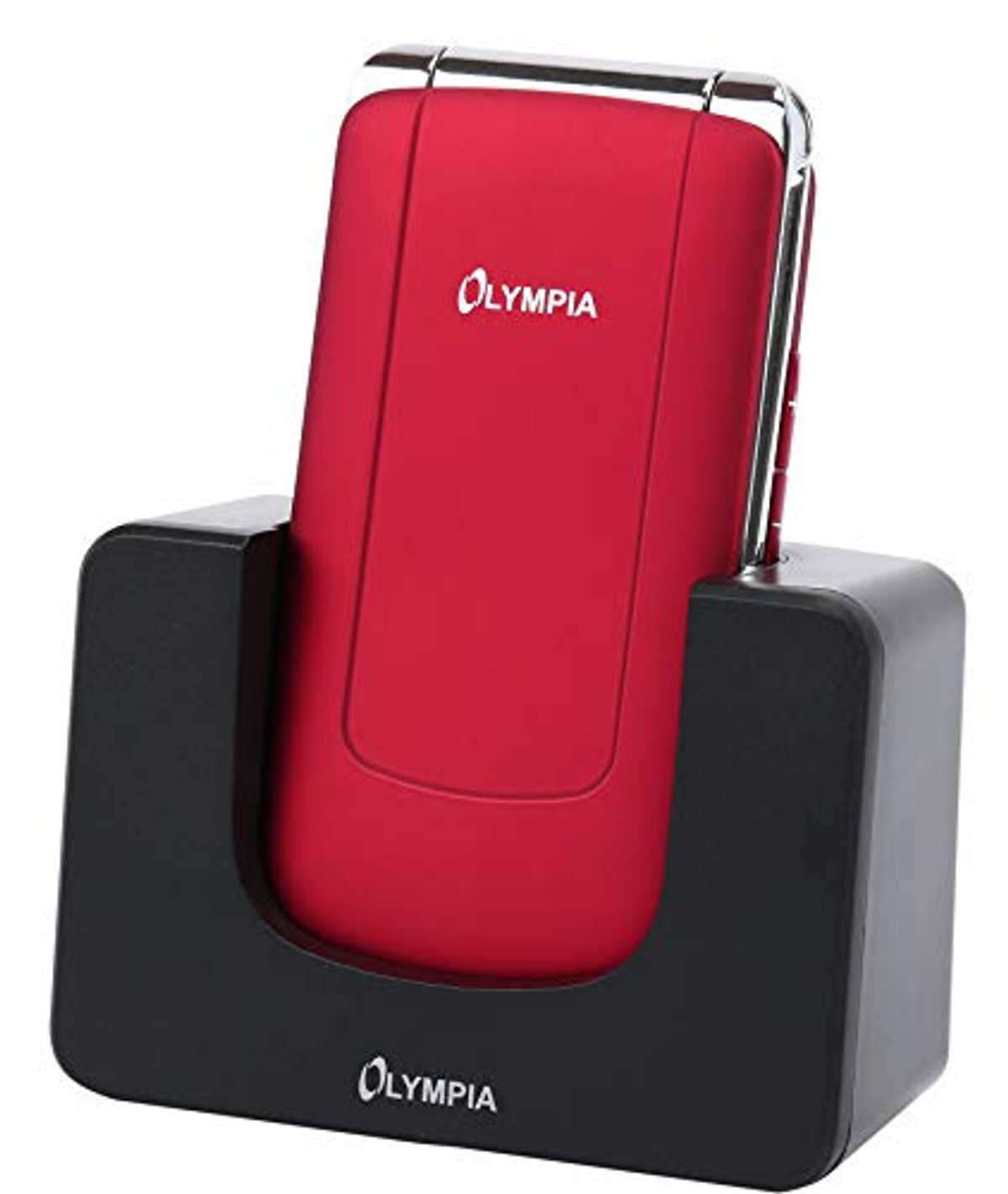 Telefono rosso in una base di ricarica nera. Logo Olympia sulla base.
