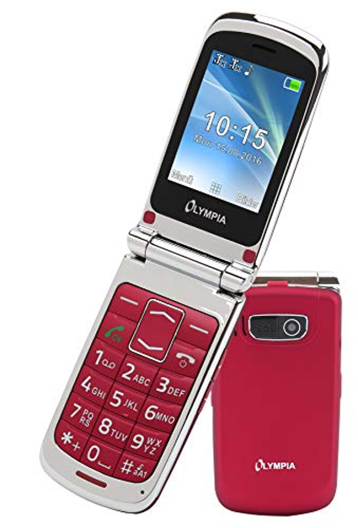 Telefono a conchiglia Olympia rosso e argento aperto, mostra ora e data. Il retro è visibile, con il logo Olympia.