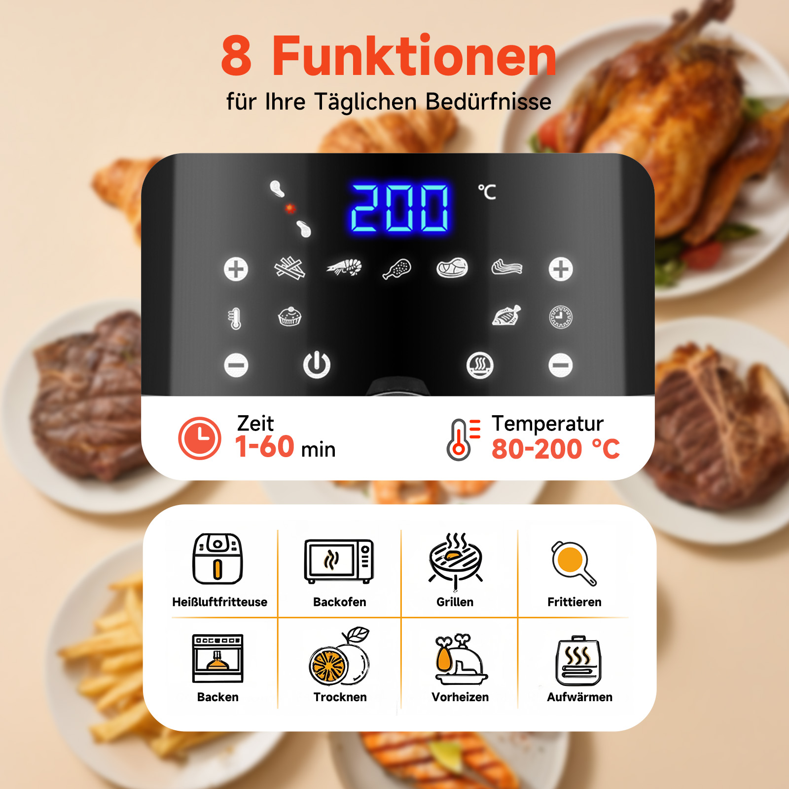 Eine Heißluftfritteuse mit digitaler Anzeige von 200 Grad Celsius. Rundherum verschiedene Speisen.
