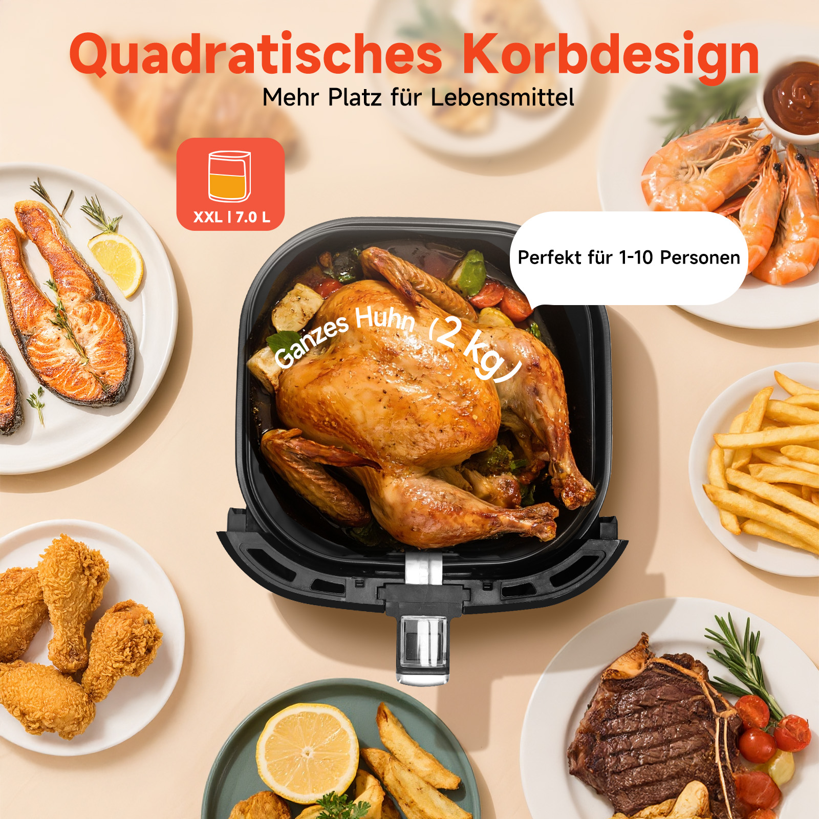 Eine Heißluftfritteuse mit einem ganzen Brathähnchen. Drumherum Teller mit Pommes und Steak.