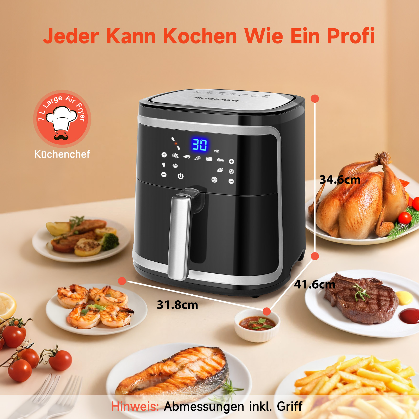 Heißluftfritteuse mit Essen davor, zeigt Abmessungen. Text: Jeder kann kochen wie ein Profi.