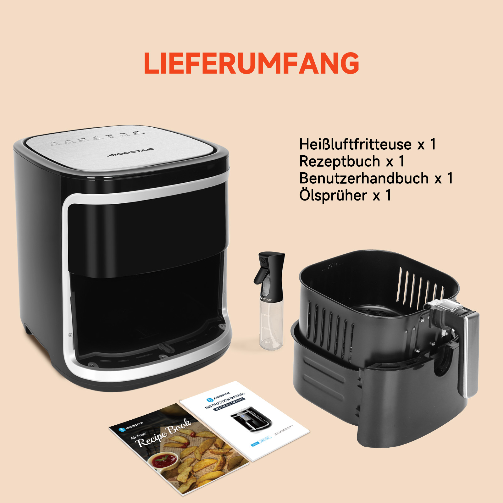 Eine Heißluftfritteuse, ein Rezeptbuch, eine Bedienungsanleitung und ein Ölsprüher stehen auf einer beigen Oberfläche.