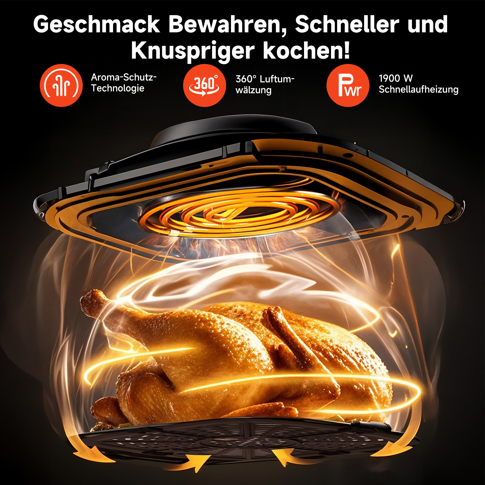 Eine Heißluftfritteuse mit einem gebratenen Hähnchen. Das Bild zeigt Kochsymbole in heller Umgebung.