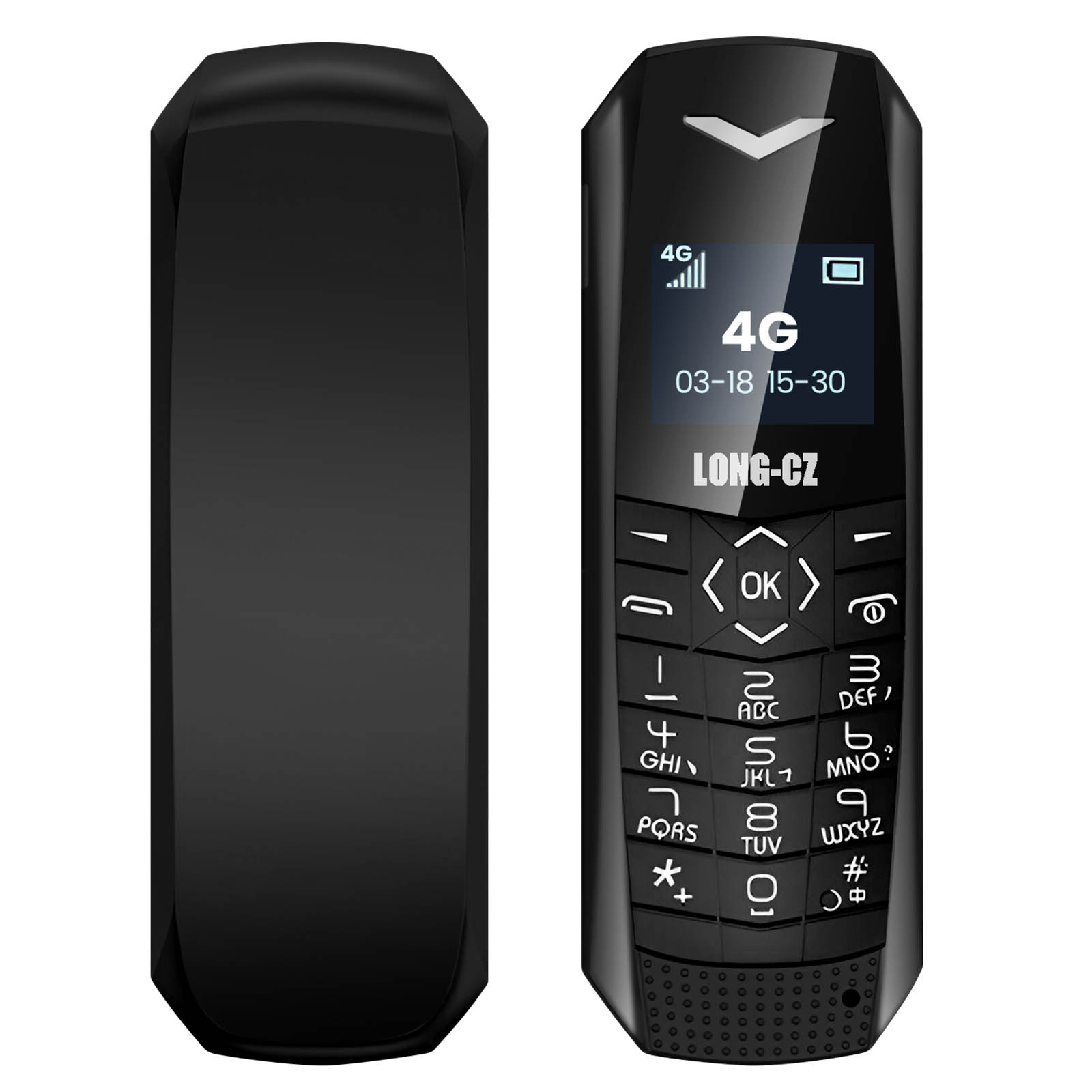 Teléfono móvil negro con teclas, pantalla '4G' y diagrama de puertos SIM y USB.