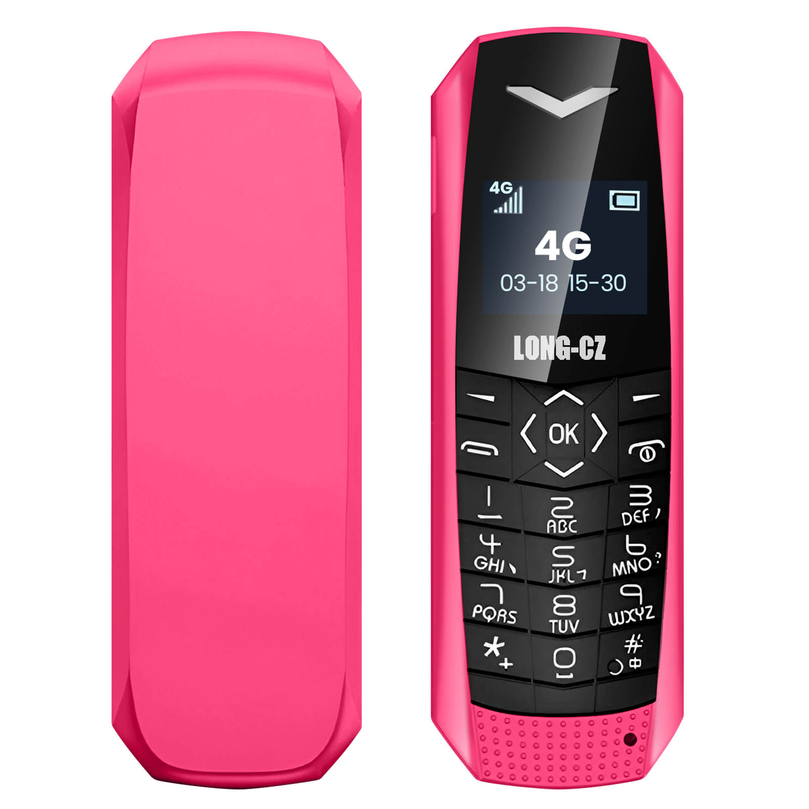 Rosa Handy, eine Seite und die Vorderseite. Die Vorderseite zeigt den Bildschirm mit 4G und LONG-CZ.