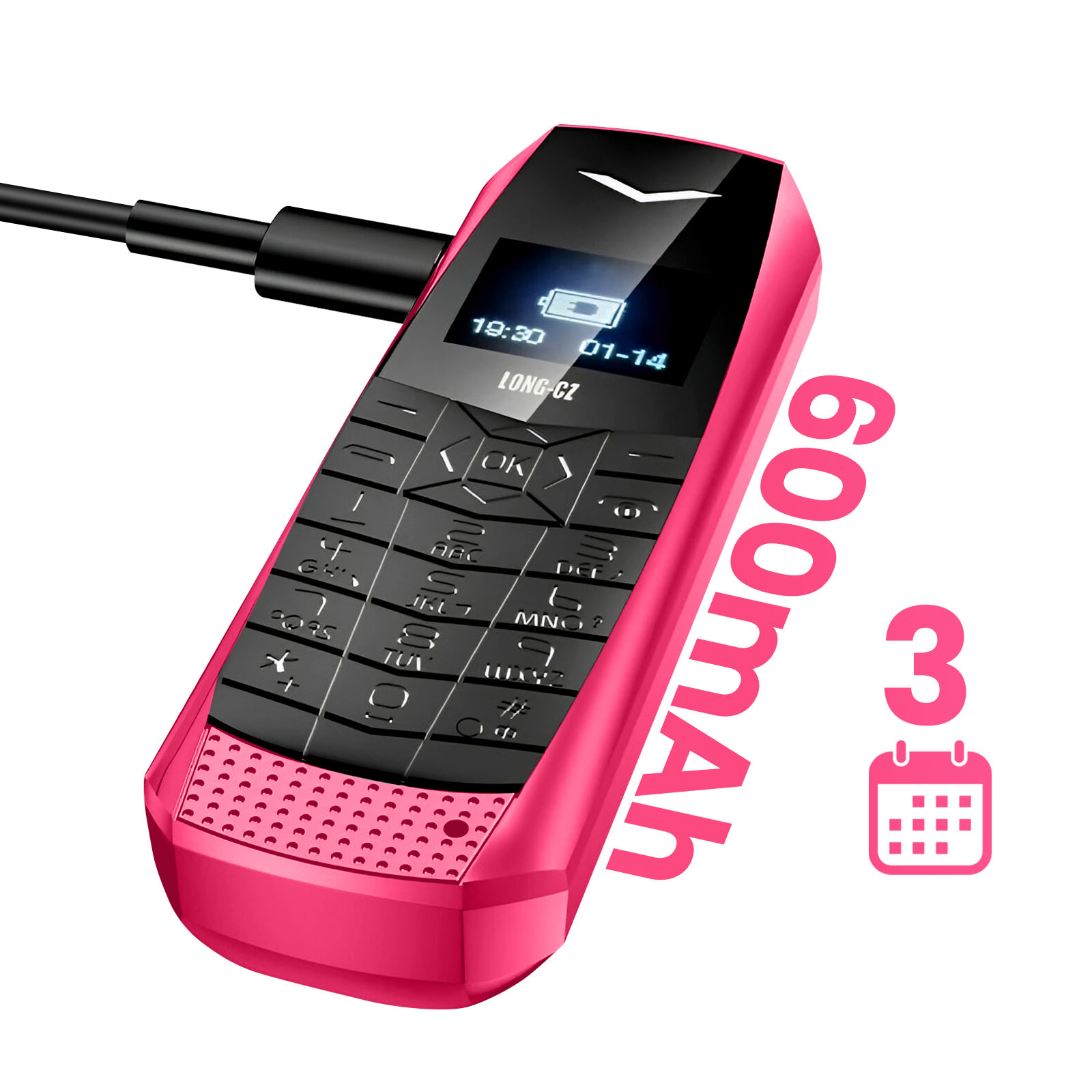 Rosa Telefon beim Aufladen, zeigt den Bildschirm mit Uhrzeit, Akkusymbol und LONG-CZ. Ein 600mAh-Text wird angezeigt.