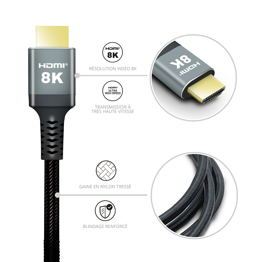 Imagen que muestra detalles del cable HDMI, incluido un primer plano del conector y del cable.