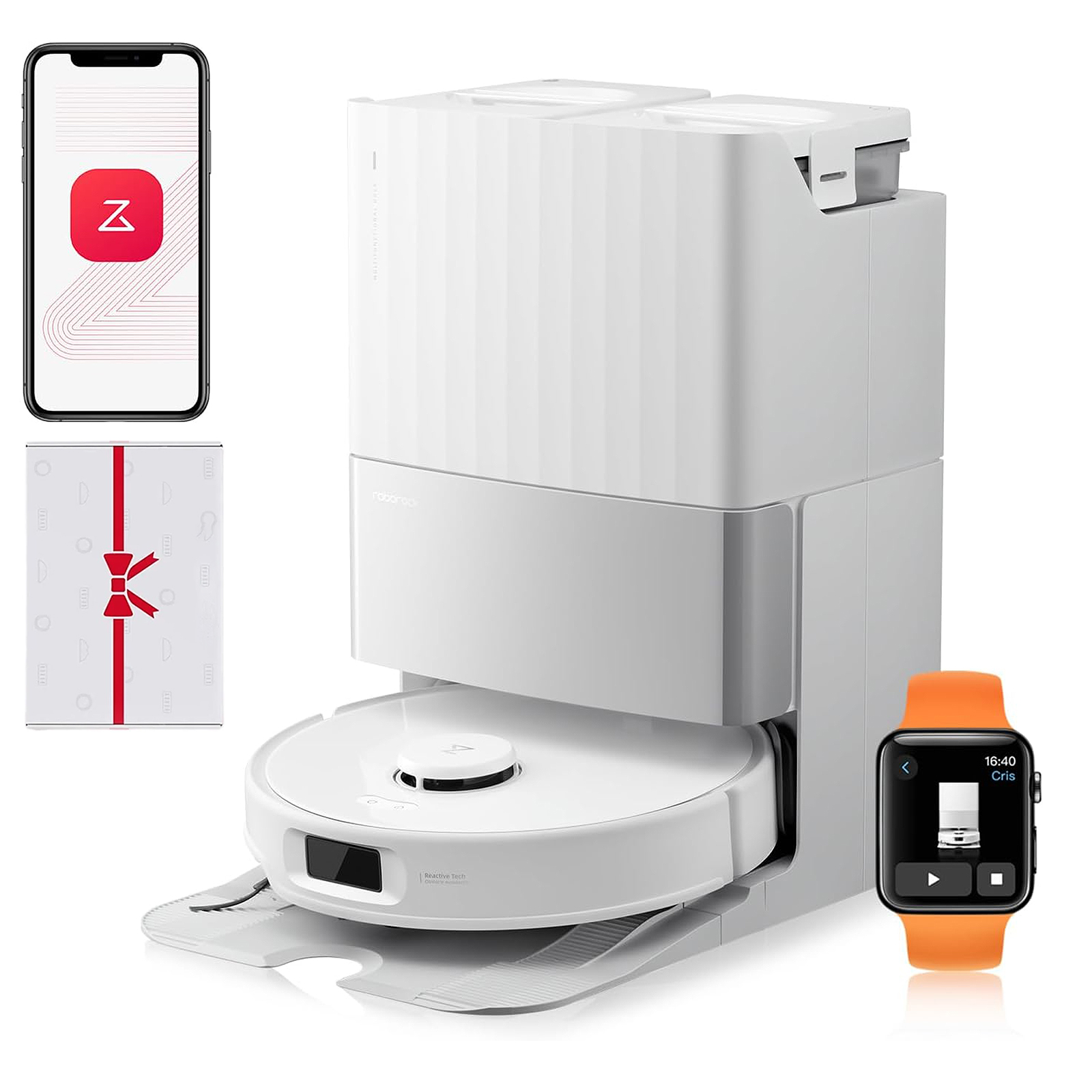 Een wit reinigingsstation met een robotstofzuiger, een geschenkdoos, een telefoon en een smartwatch.