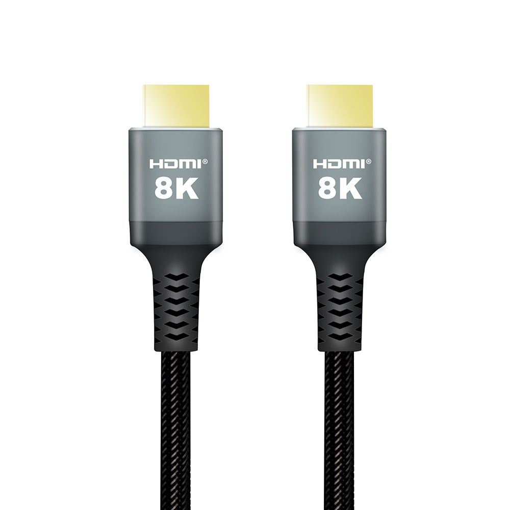 Dos cables HDMI 8K sobre un fondo blanco, con cables trenzados negros y conectores grises.