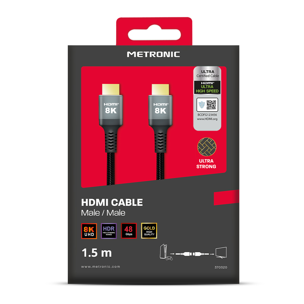 Un paquete de cable HDMI Metronic, que muestra dos cables HDMI 8K con un cable negro.