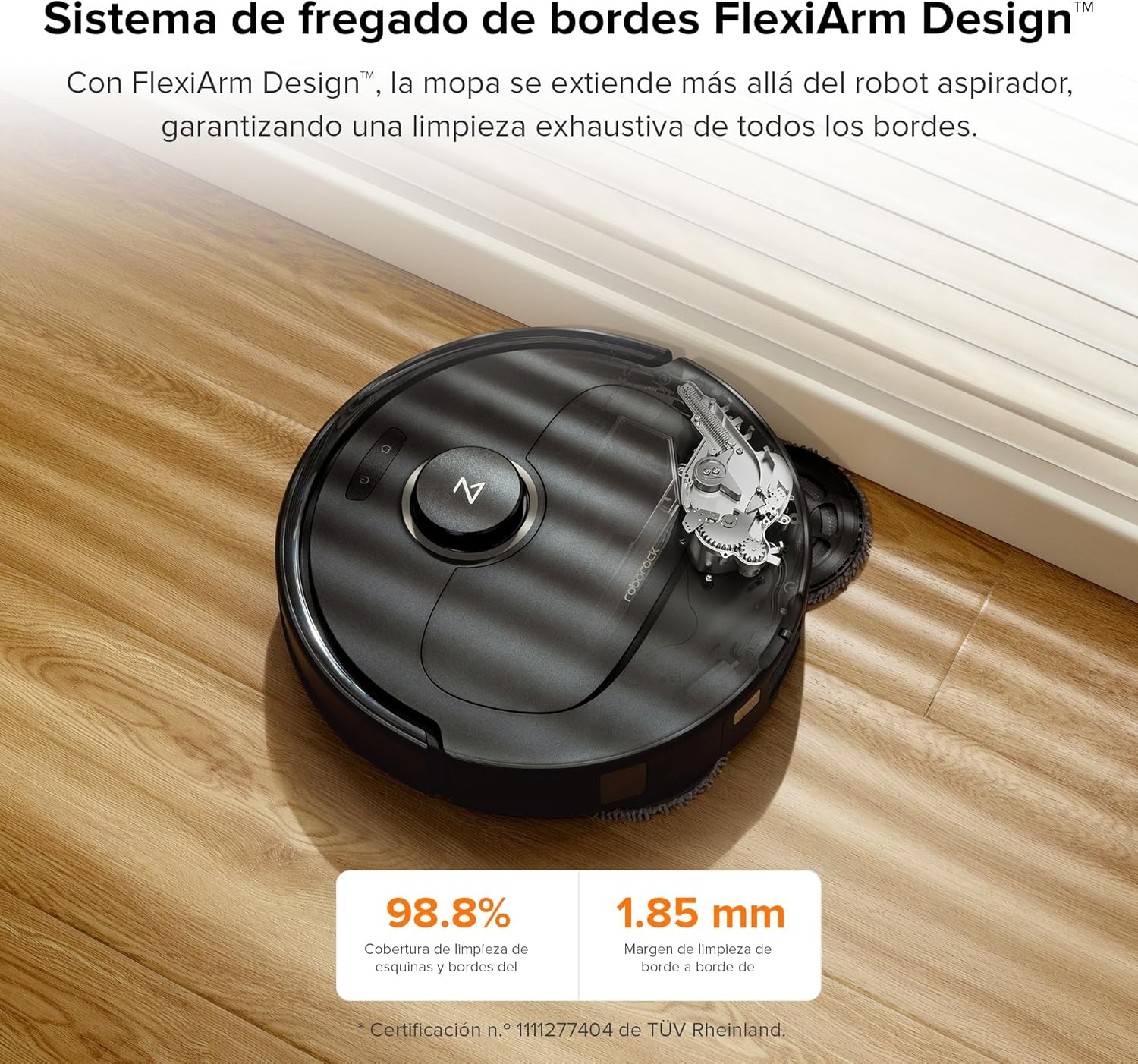 Aspiradora robot limpiando un piso, mostrando la cobertura de limpieza y la limpieza de bordes.