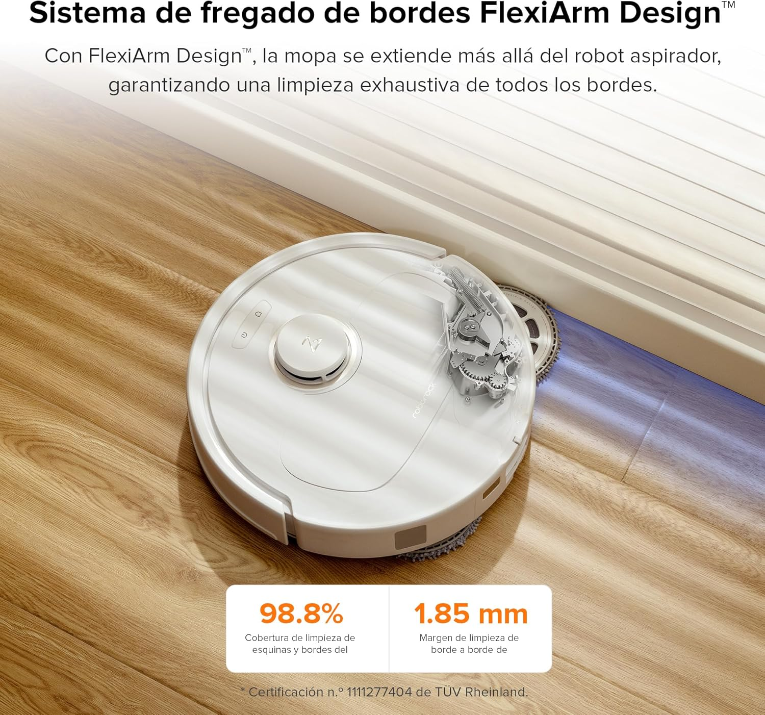 Aspiradora robot limpiando un piso, mostrando la cobertura de limpieza y la limpieza de bordes.