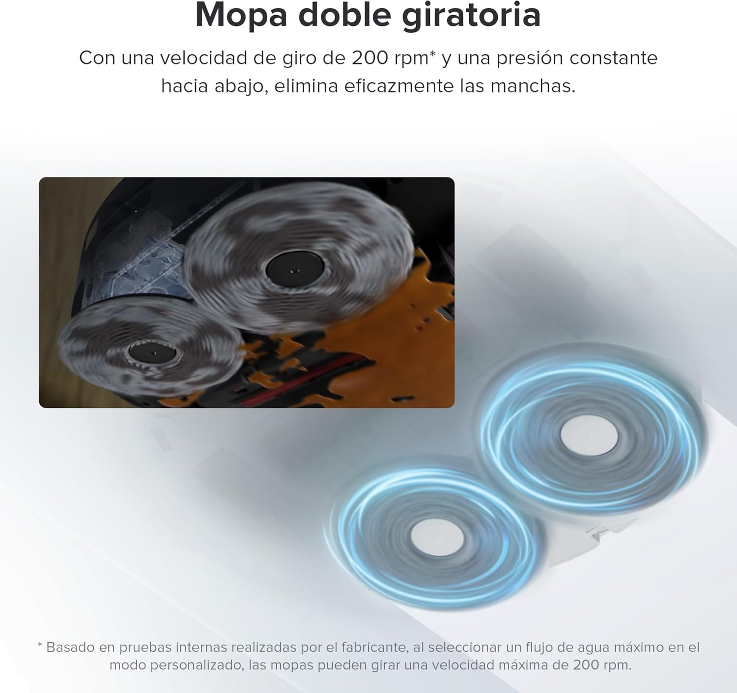 Almohadillas giratorias de limpieza de una aspiradora robot, con una vista de primer plano de la acción giratoria.