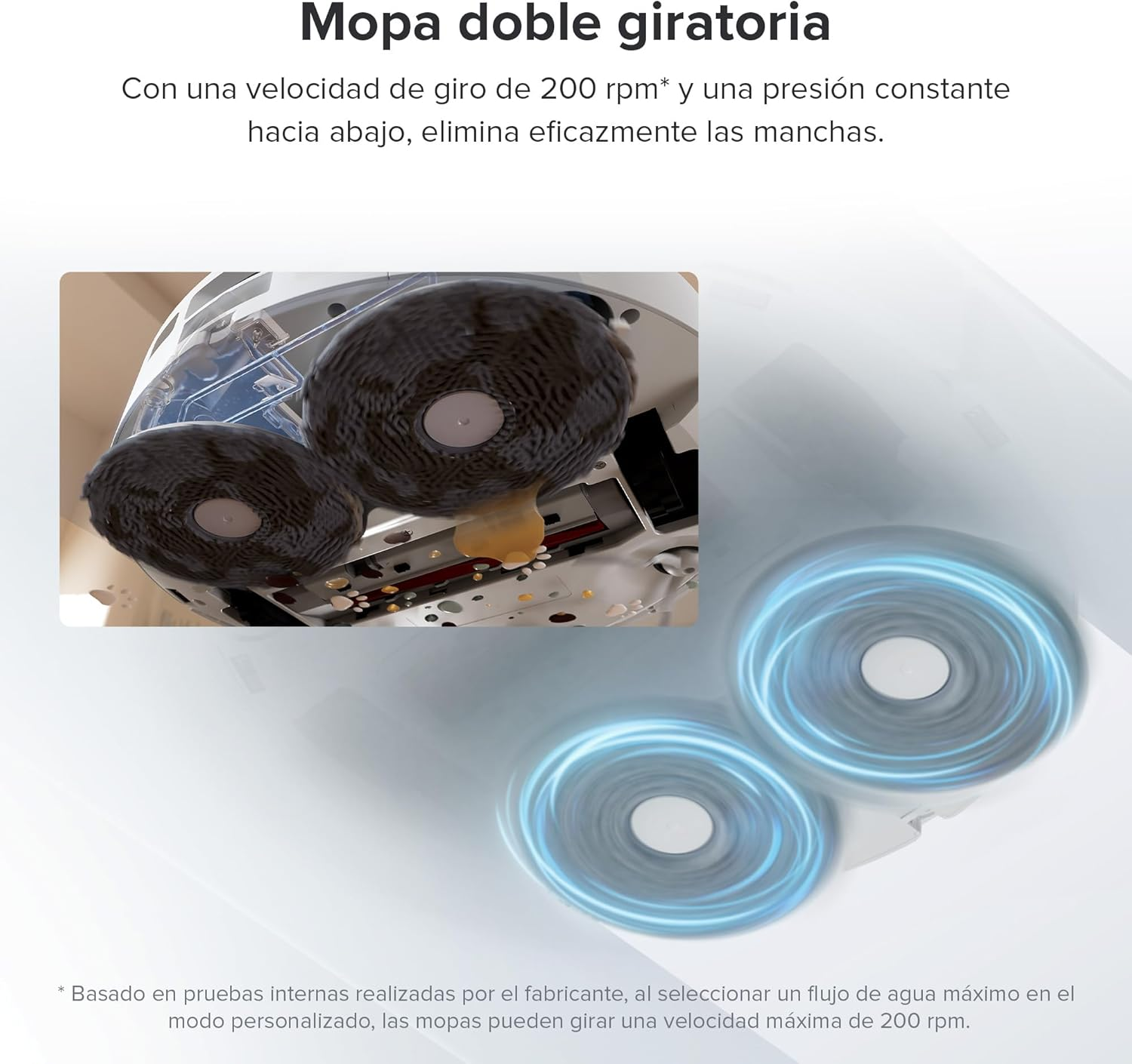 Dos mopas giratorias de un robot aspirador, una sucia y otra limpia, girando.