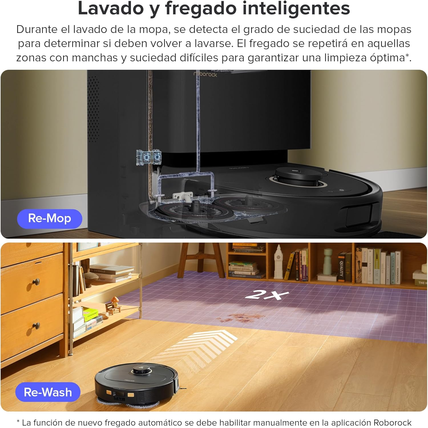 Un robot aspirador negro limpia pisos en una casa, con una estación de limpieza al fondo.