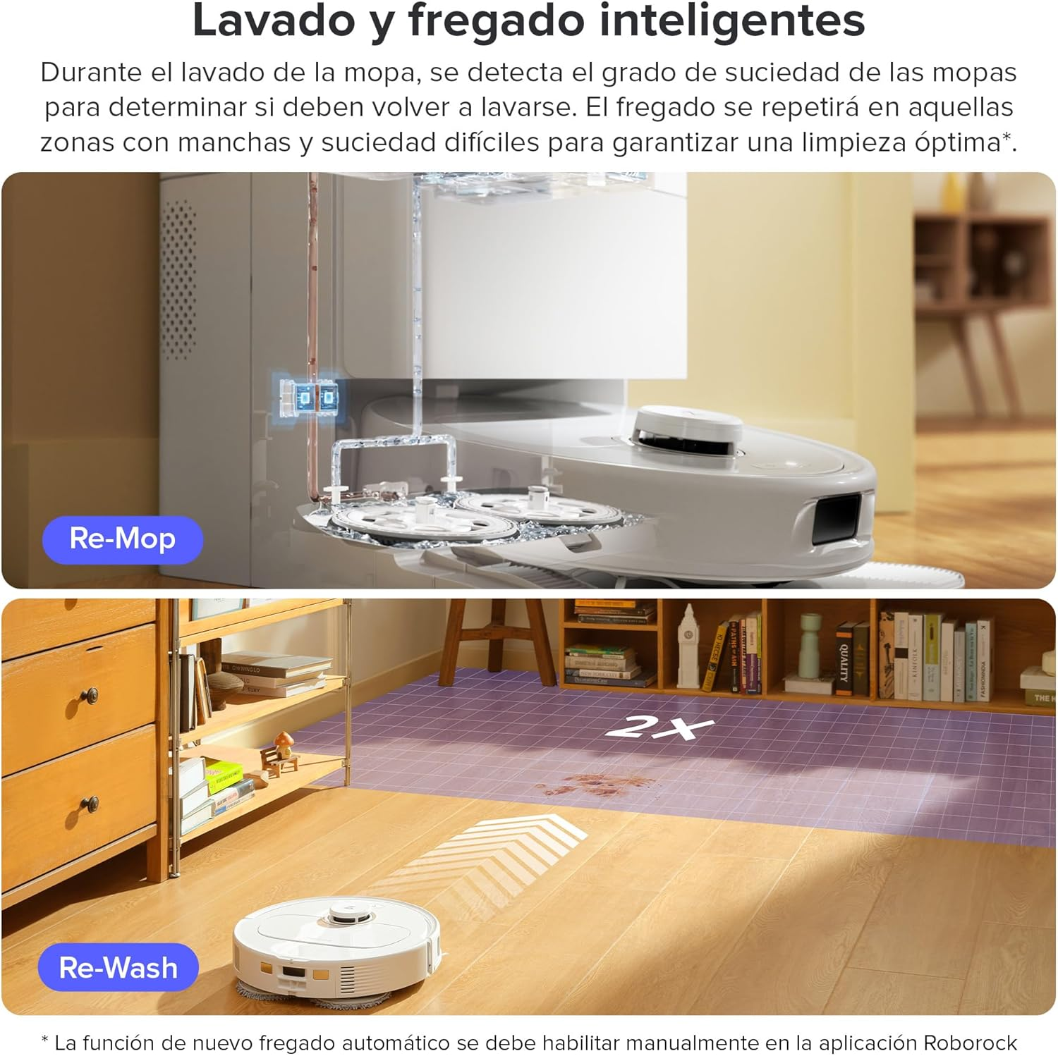 Diagrama que muestra una aspiradora robot limpiando un suelo, con texto que explica el proceso de limpieza.
