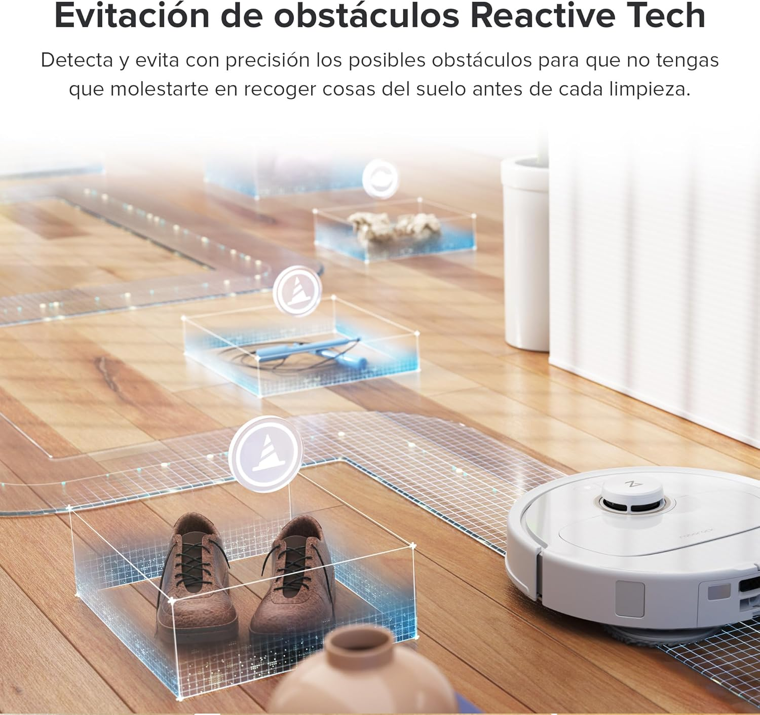 Un robot aspirador blanco evita zapatos y gafas en un piso de madera en una habitación bien iluminada.