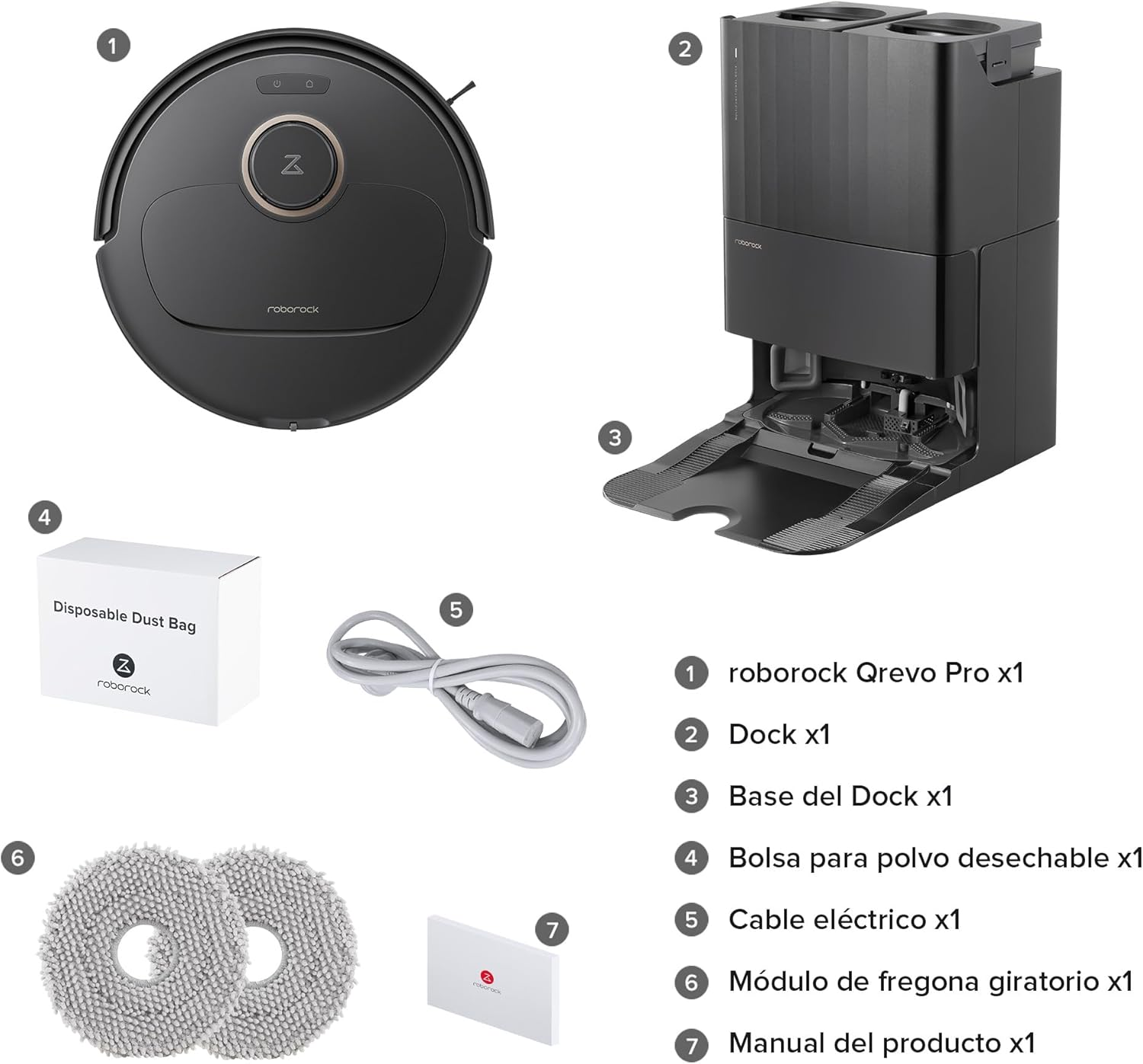 Un diagrama muestra una aspiradora robot negra y sus partes, con etiquetas para cada elemento.