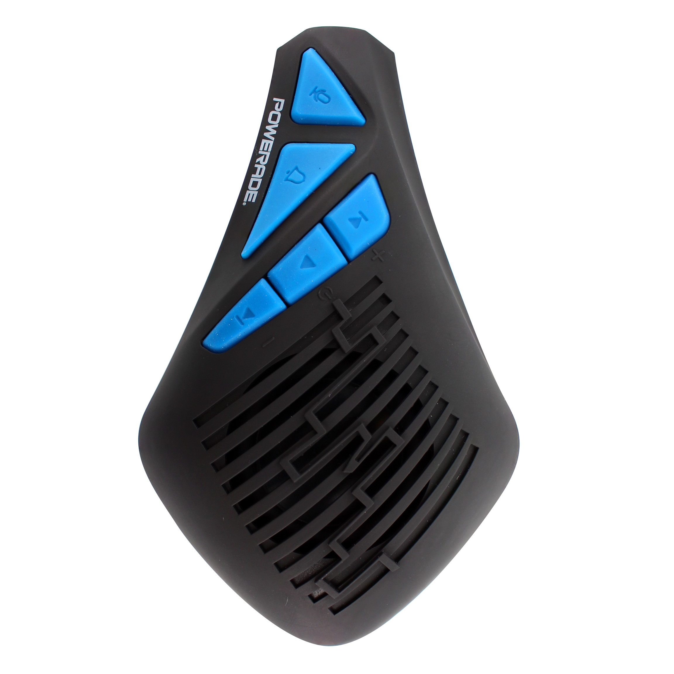 Altavoz Powerade negro con botones azules, vista en ángulo sobre un fondo blanco.