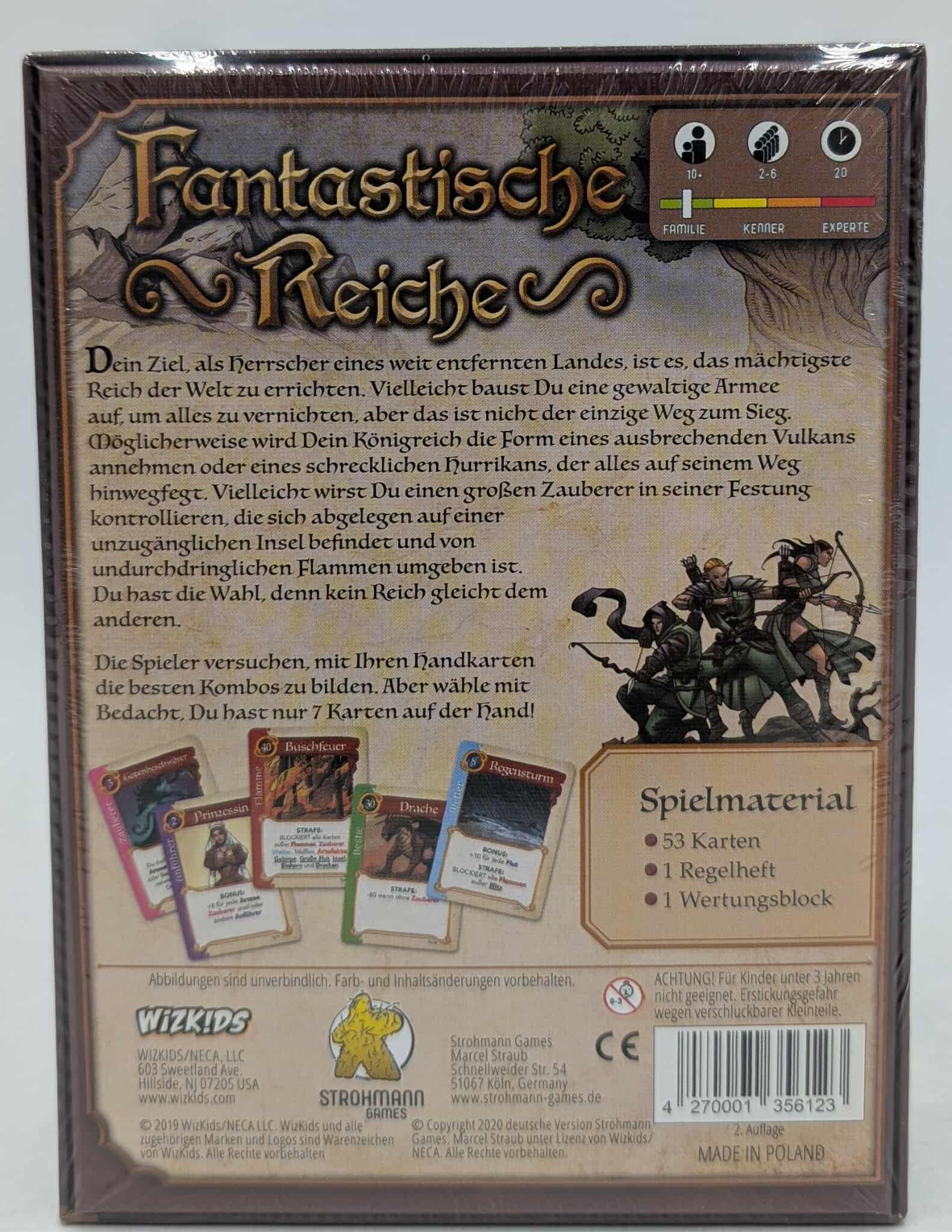 Rückseite einer Brettspielbox mit deutschem Text, Illustrationen von Fantasy-Figuren und Spielkomponenten.