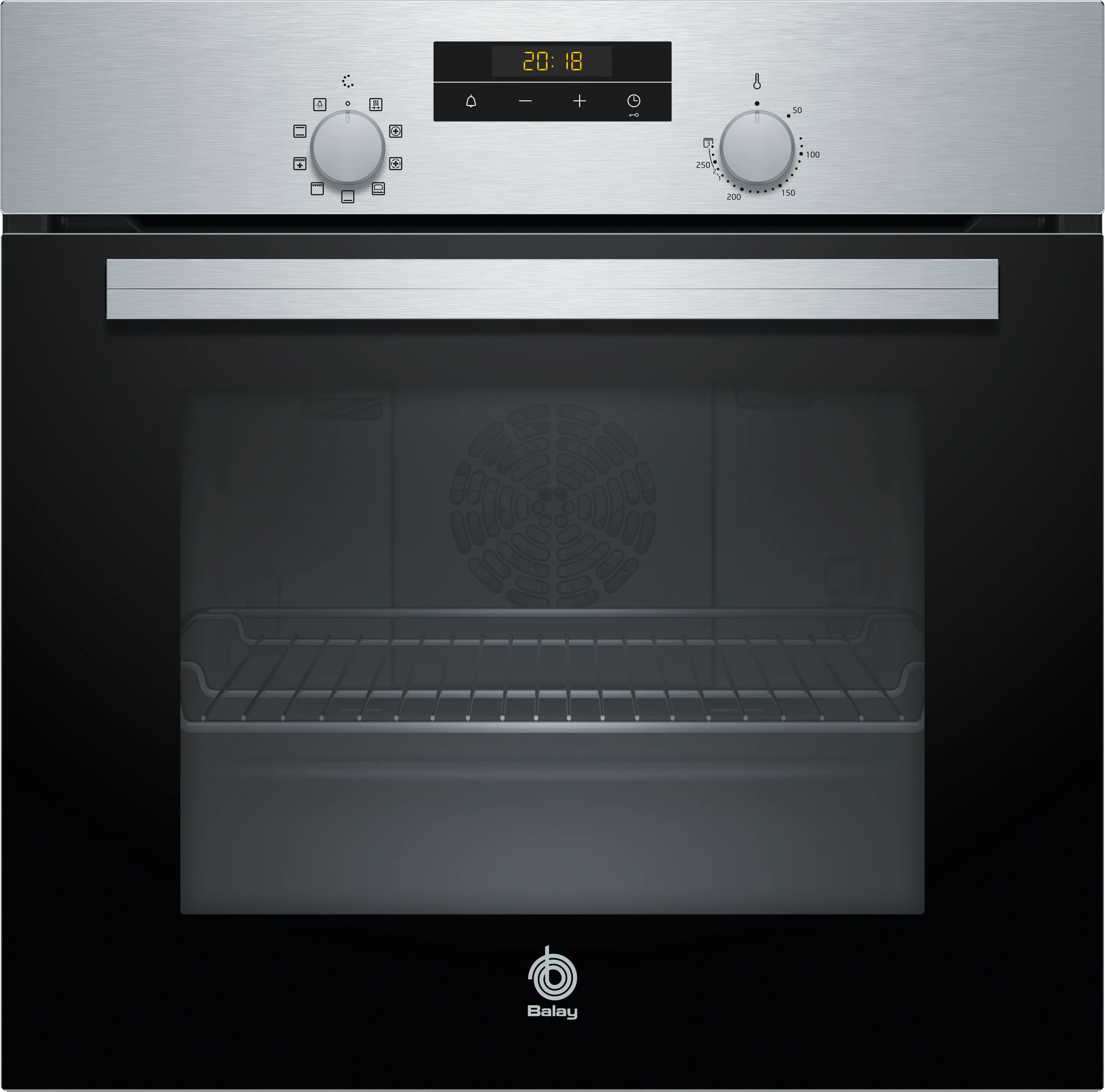 Wbudowany piekarnik z frontem ze stali nierdzewnej. Posiada panel sterowania z zegarem cyfrowym i pokrętłami. Drzwi piekarnika są czarne.