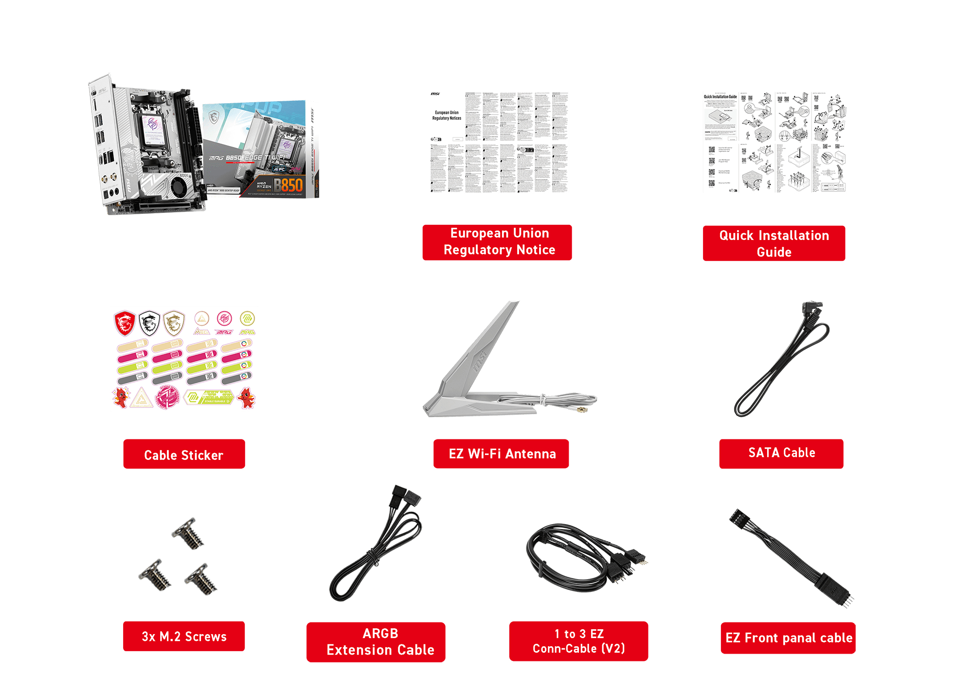 Komponenty, kable i akcesoria na białej powierzchni. Zawiera płytę główną i antenę EZ Wi-Fi.