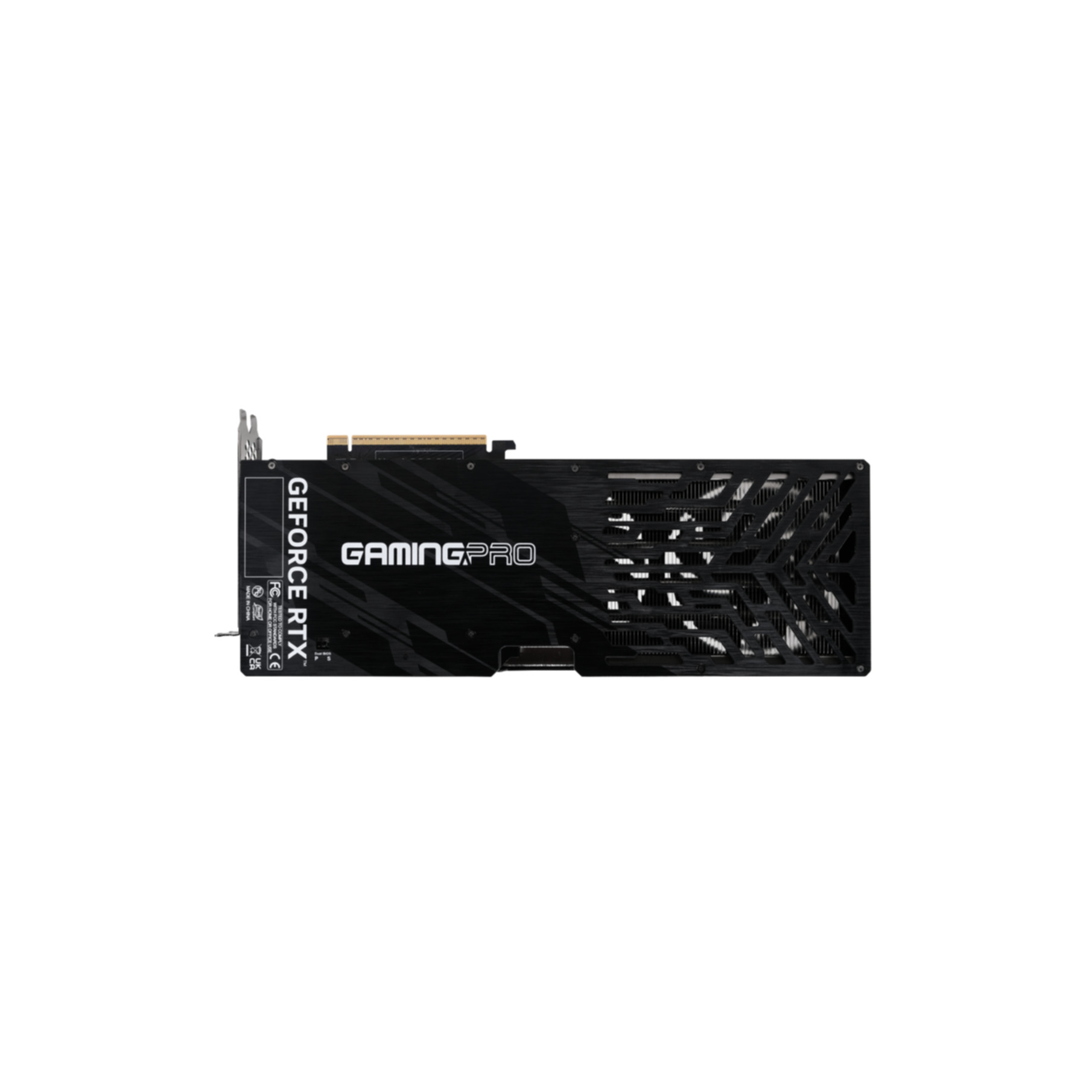 Schwarze Grafikkarte-Rückplatte, weißer Hintergrund, Text: GeForce RTX, GAMING PRO.
