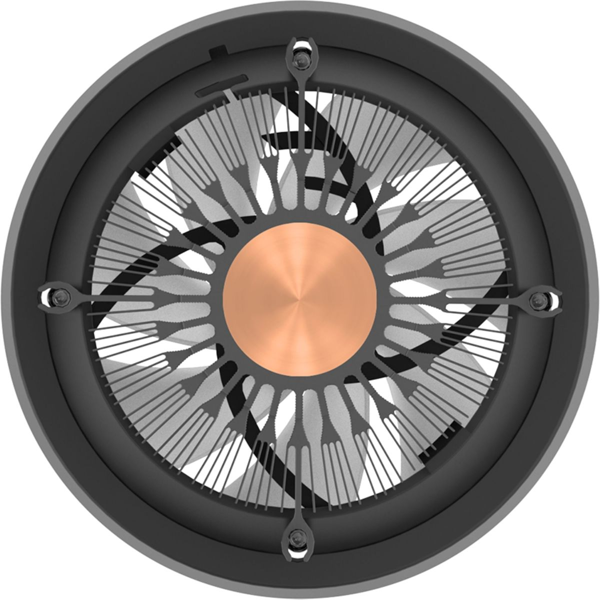 Computerkoelventilator, zwart en koper, met vinnen en montagegaten.