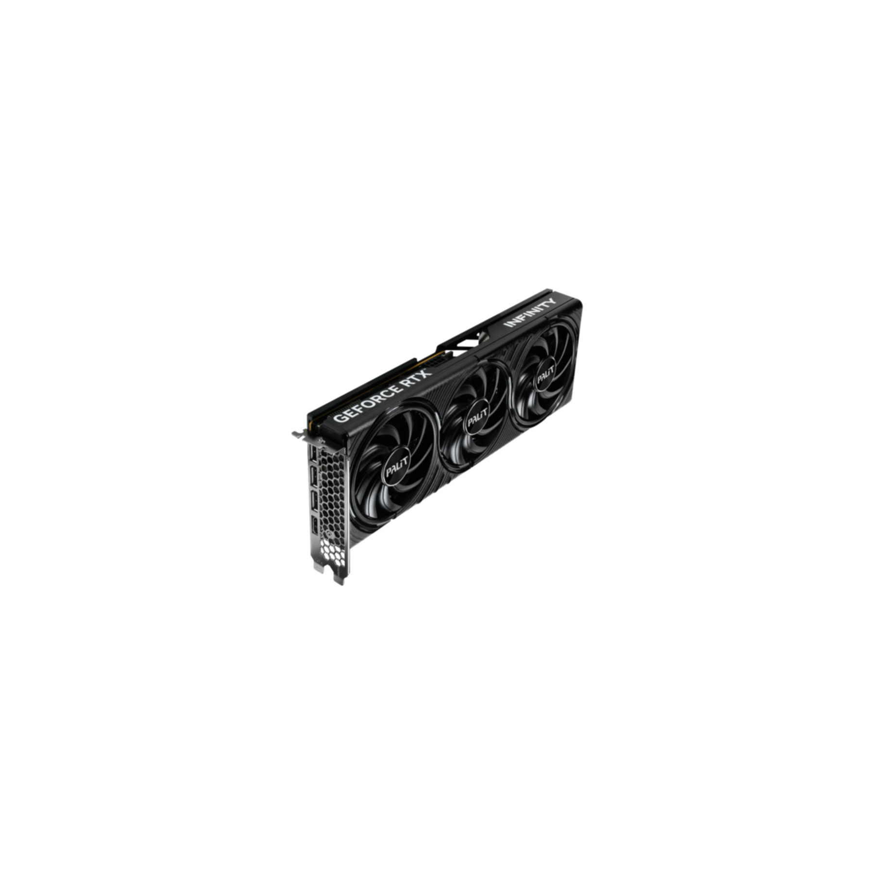 Eine schwarze Grafikkarte mit drei Lüftern, Marke PALIT, und dem Text 'GEFORCE RTX'.