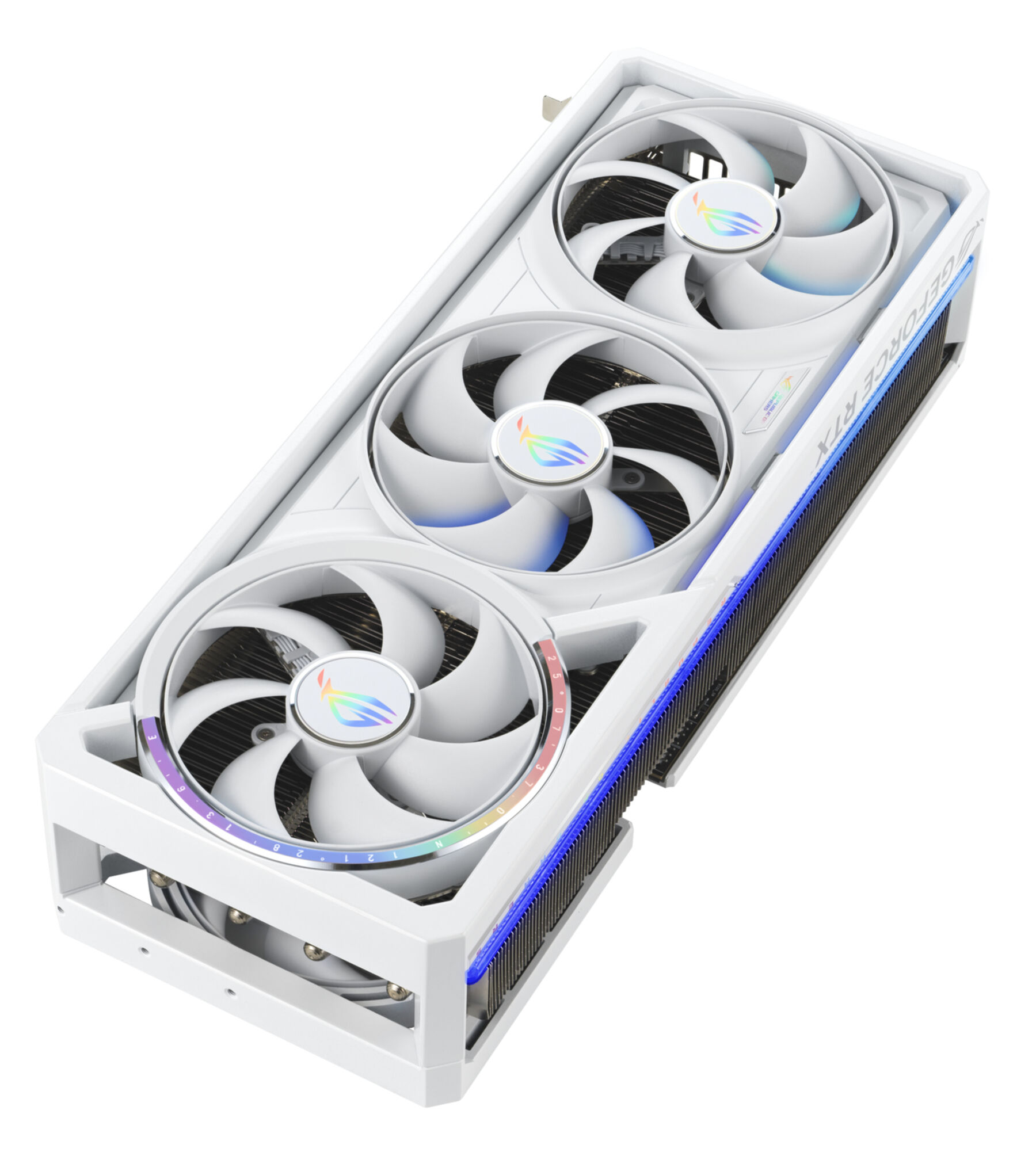 Biała karta graficzna z trzema wentylatorami i napisem GEFORCE RTX.