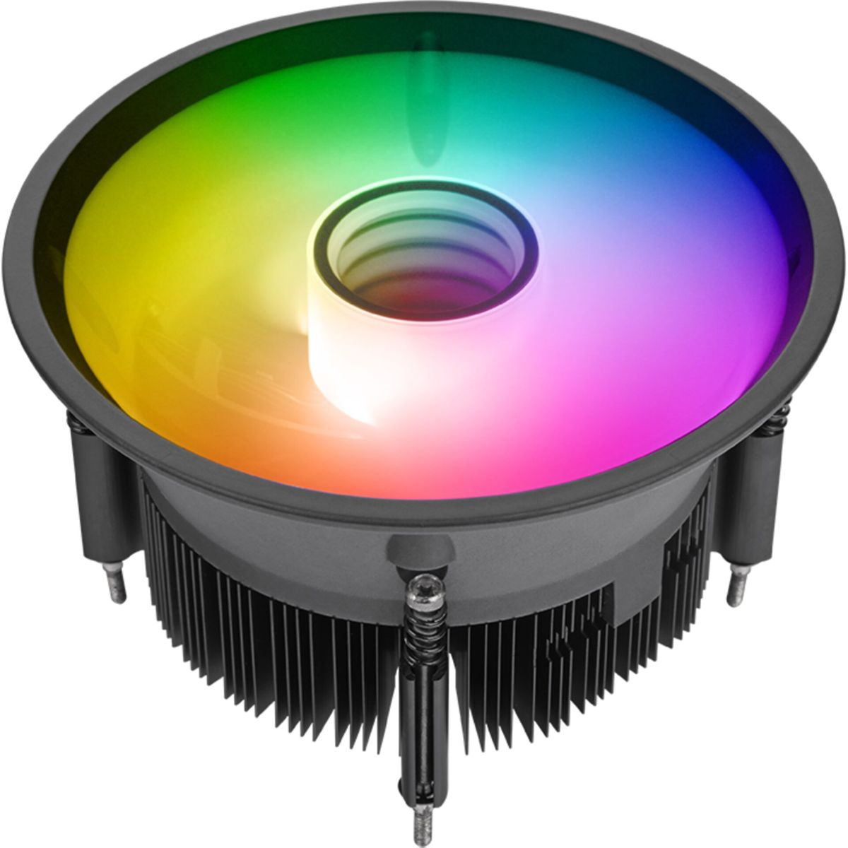 Un dissipatore CPU nero con illuminazione RGB sopra e alette sotto.