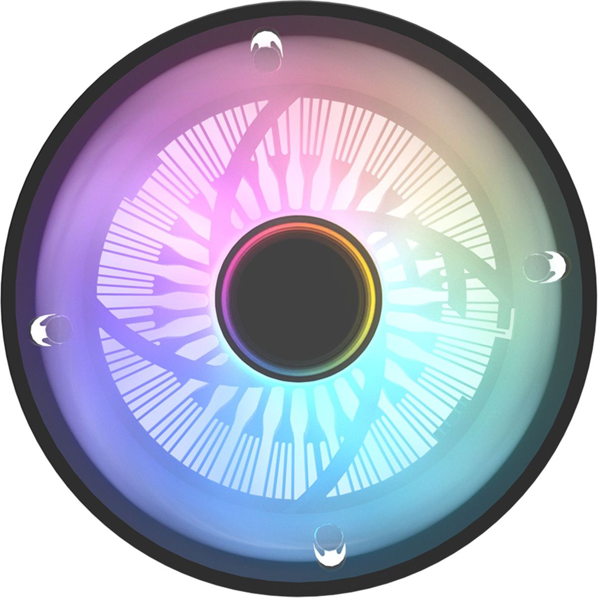 Una ventola per computer con telaio nero e luci colorate su sfondo bianco.