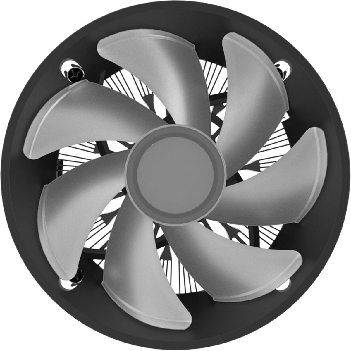 Una ventola per computer con sei pale grigie in una cornice nera su sfondo bianco.