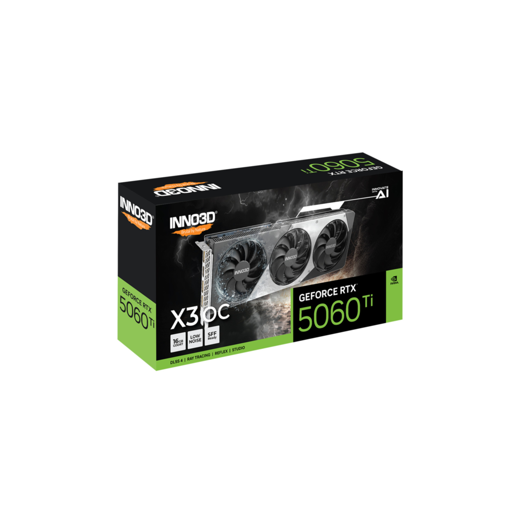 Pudełko z kartą graficzną. Z tekstem 'INNO3D' i 'GEFORCE RTX'. Czarne i białe.