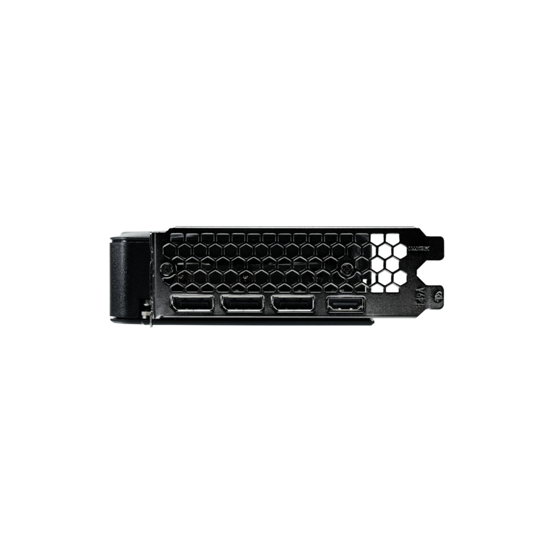 Rückseite einer Grafikkarte mit Anschlüssen. Anschlüsse umfassen HDMI. Der Hintergrund ist weiß.