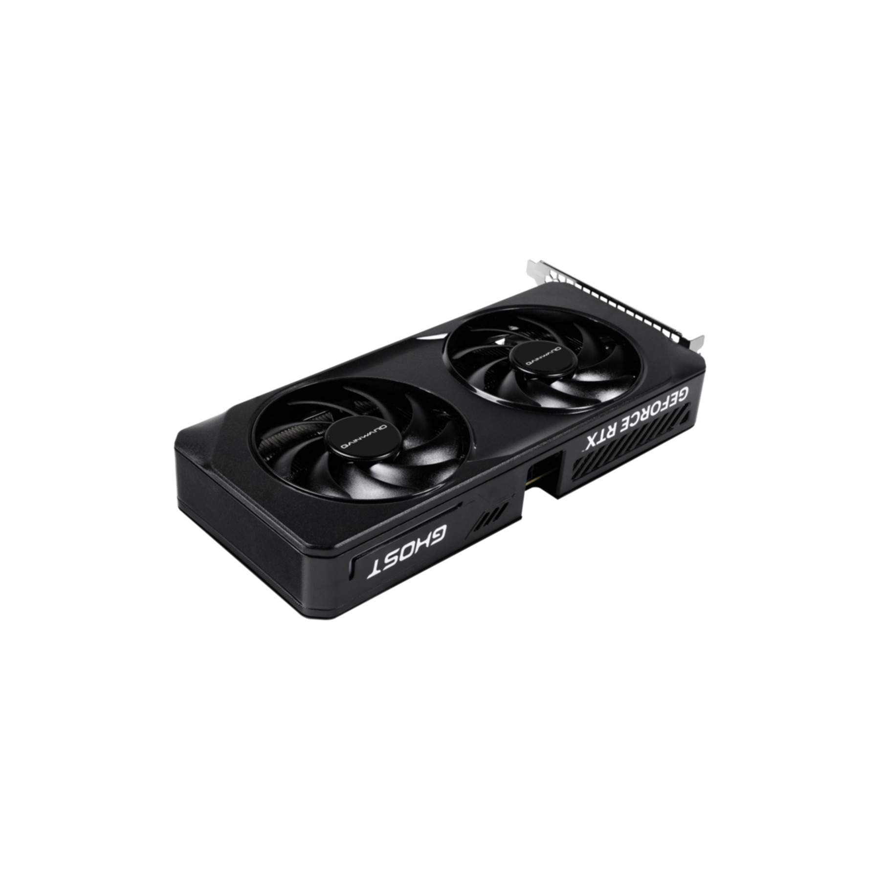 Schwarze Grafikkarte mit zwei Lüftern, die GHOST- und GeForce RTX-Logos auf weißem Hintergrund.