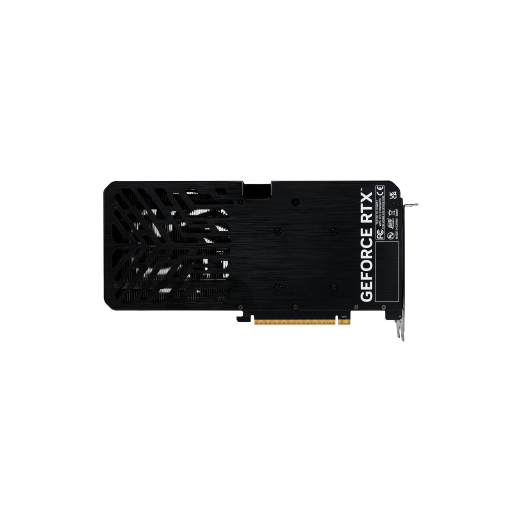 Schwarze Grafikkarte mit 'GeForce RTX'-Text. Rückansicht. Rechteckige Form.