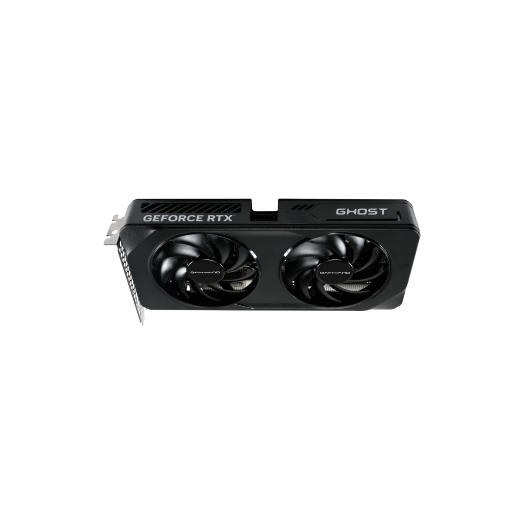 Schwarze Grafikkarte mit zwei Lüftern, den GHOST- und GeForce RTX-Logos, weißer Hintergrund.