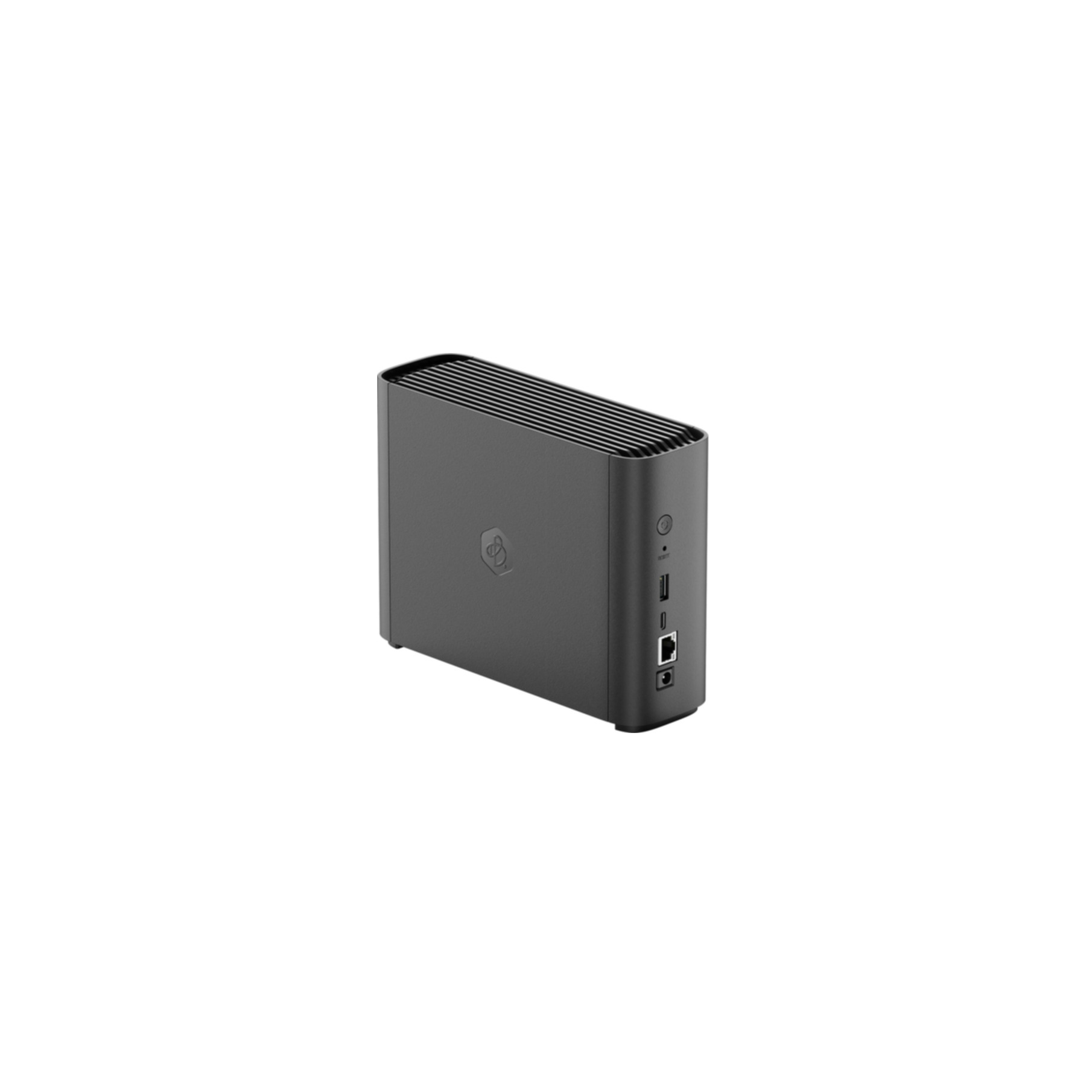 Appareil noir rectangulaire avec ports et logo. Vue en angle, sur fond blanc.
