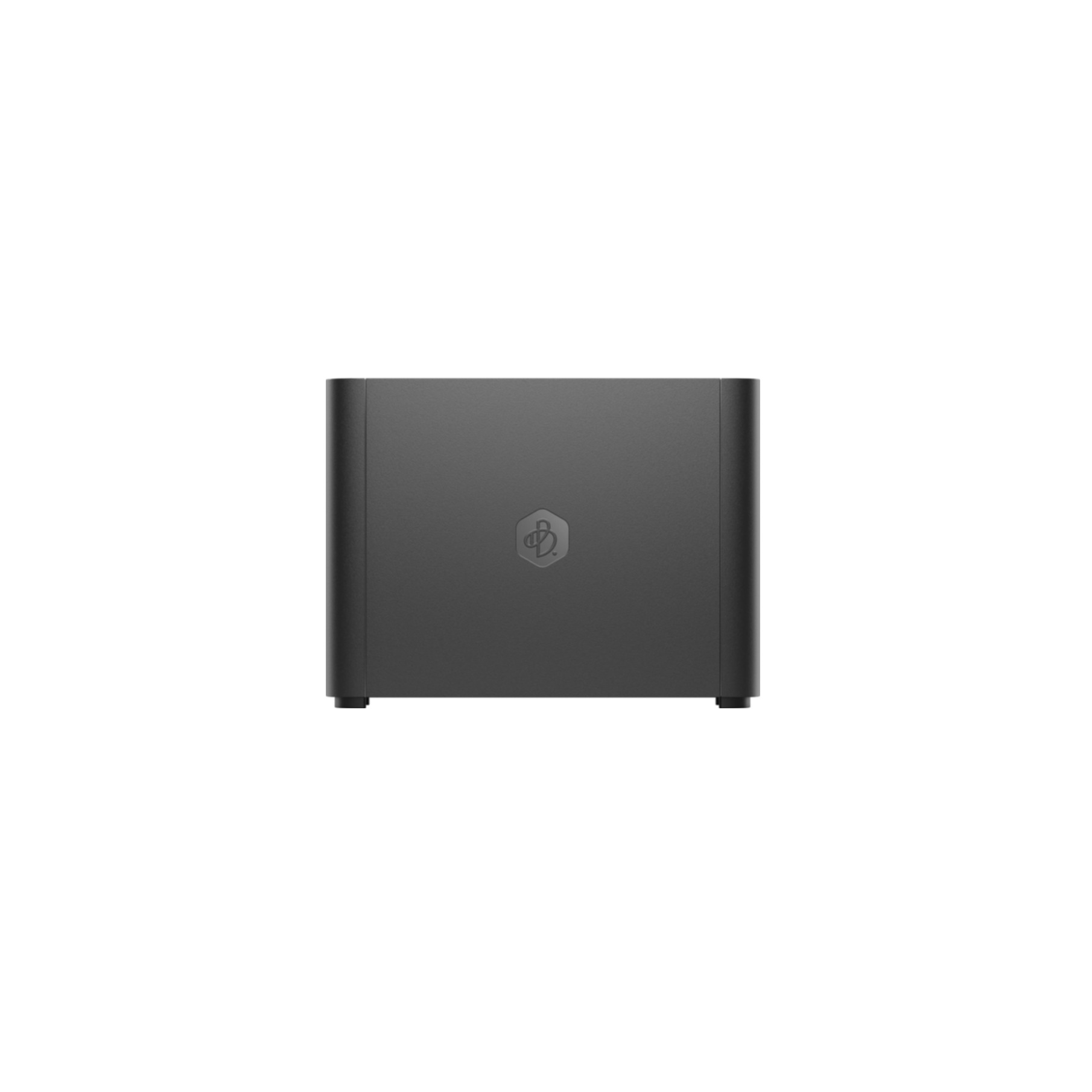 Appareil noir avec un logo. Forme rectangulaire, sur pieds noirs.