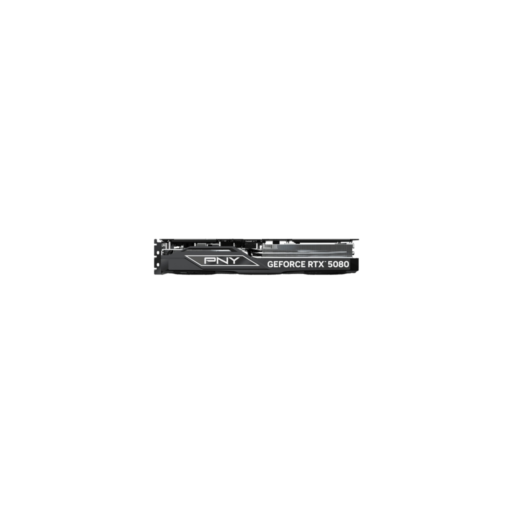 Eine schwarze und silberne PNY GeForce RTX 5080 Grafikkarte auf Weiß.
