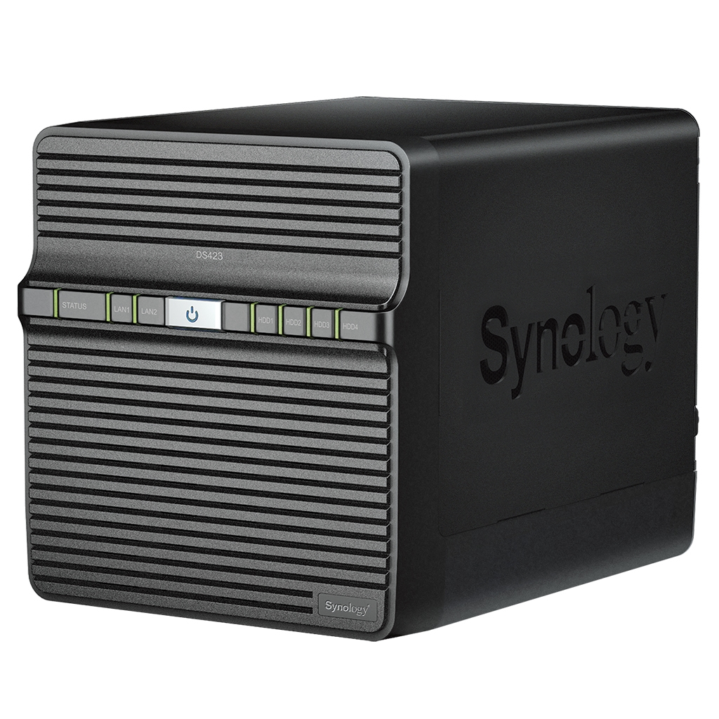 Een zwart Synology DS423 NAS apparaat met knoppen en poorten op het voorpaneel.
