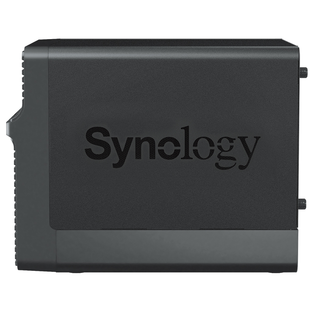 Een zwart Synology NAS-apparaat. Het Synology-logo staat prominent op het voorpaneel.