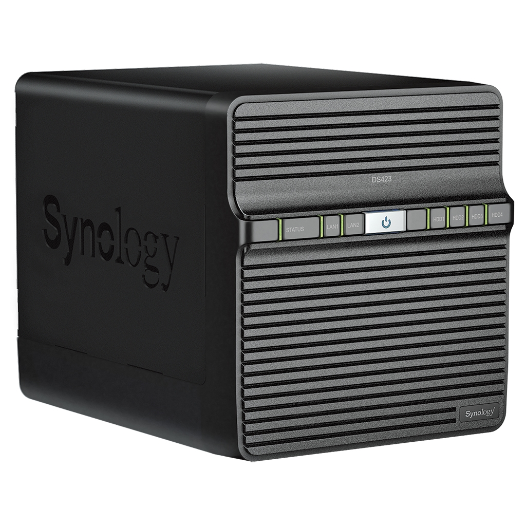 Een zwarte Synology DS423 NAS-apparaat met knoppen en poorten op het voorpaneel.
