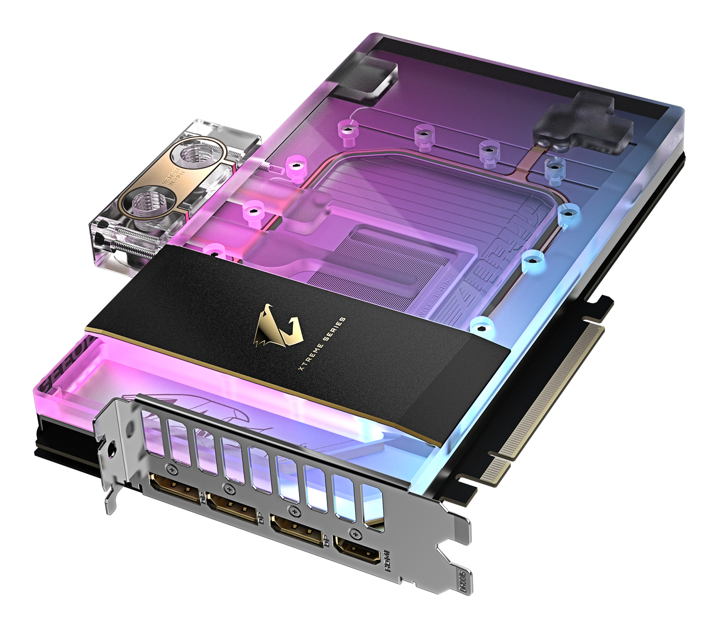 Karta graficzna o czarnym i przezroczystym designie. Widoczne marki GeForce RTX i AORUS.