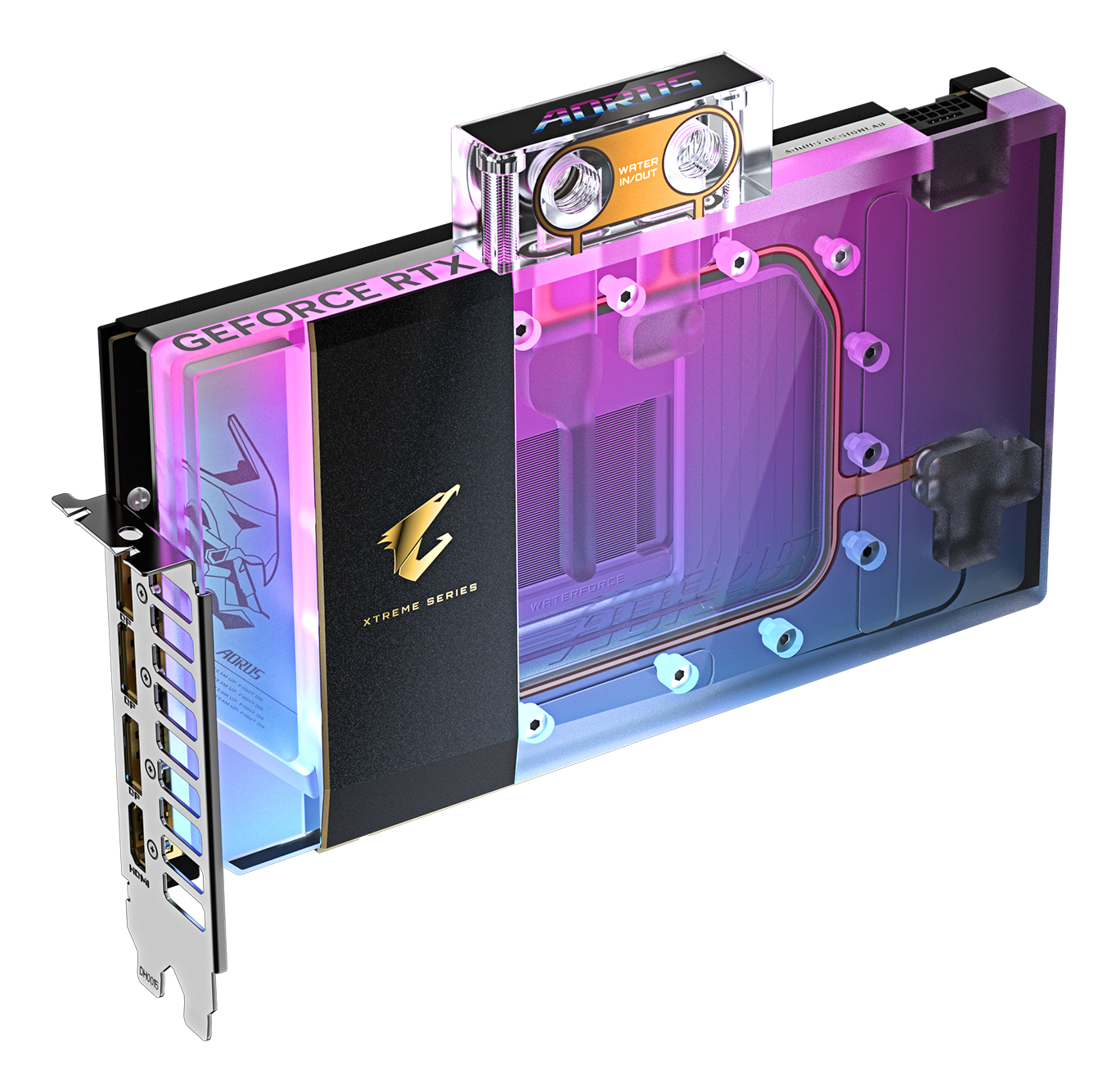 Karta graficzna z marką GeForce RTX i AORUS. Karta ma przezroczysty element.
